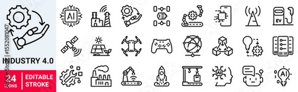 Fototapeta Industry 4.0 web line icons. industrial revolution, smart factory, digital transformation, smart machine, automation and technology.