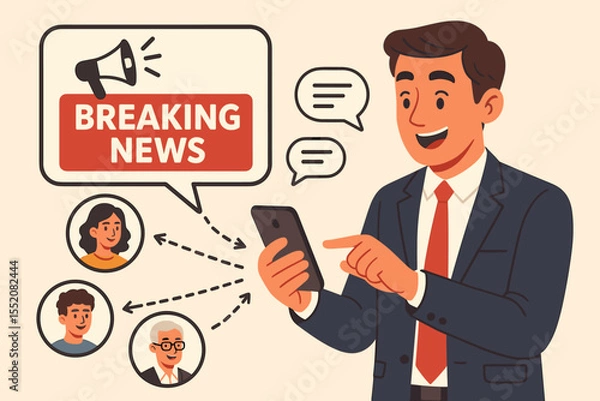 Fototapeta Businessman sharing breaking news online with smartphone, sending urgent notifications and messages to colleagues, friends, and contacts, social media communication, digital information alert vector