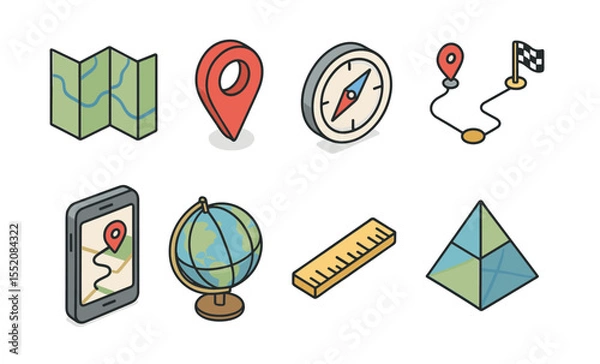 Fototapeta Map navigation icons: compass, globe, ruler, and more for travel and geography
