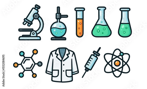 Fototapeta Colorful science icons: lab equipment, molecule, atom, and lab coat