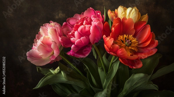 Obraz Elegant real photo, stock photography showcasing floral artwork with rich peonies, tulips, and botanical foliage, set against a dark contrasting backdrop