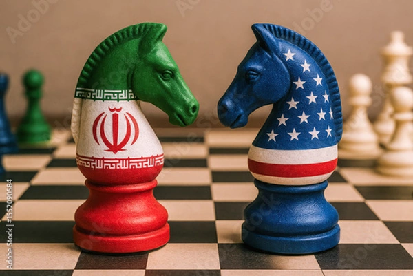 Fototapeta Symbolic chess pieces painted with Iranian and American flags facing off on a chessboard, illustrating strategic geopolitical rivalry.