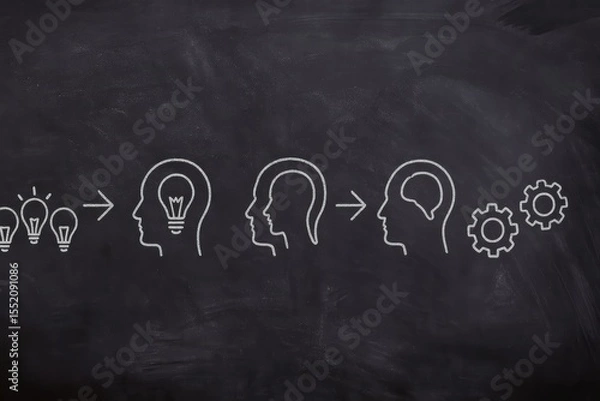 Obraz Progression of Ideas Illustrated on Chalkboard with Light Bulbs and Cogs Symbolizing Innovation