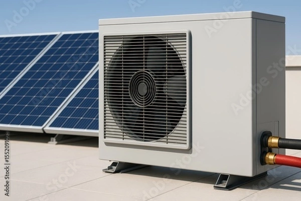 Fototapeta Air Conditioning Unit Next to Solar Panels on Rooftop with Clear Sky in Sunny Environment