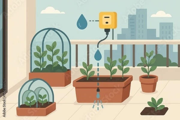 Obraz Indoor Urban Gardening with Automatic Watering System on Balcony with City Background
