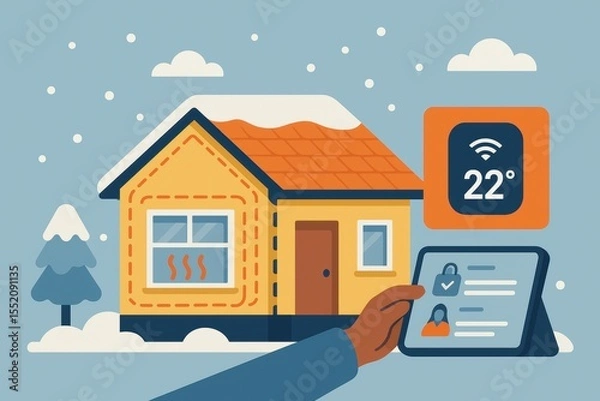 Fototapeta Cozy Smart Home with Temperature Control and Snowy Background Featuring Modern Technology