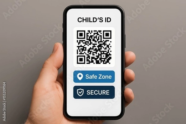 Fototapeta Safe Zone Child Identification QR Code on Smartphone Display for Security and Safety Purposes