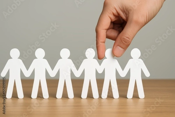 Obraz Human hand selecting paper cutout figure from line of identical cutouts on wooden table surface