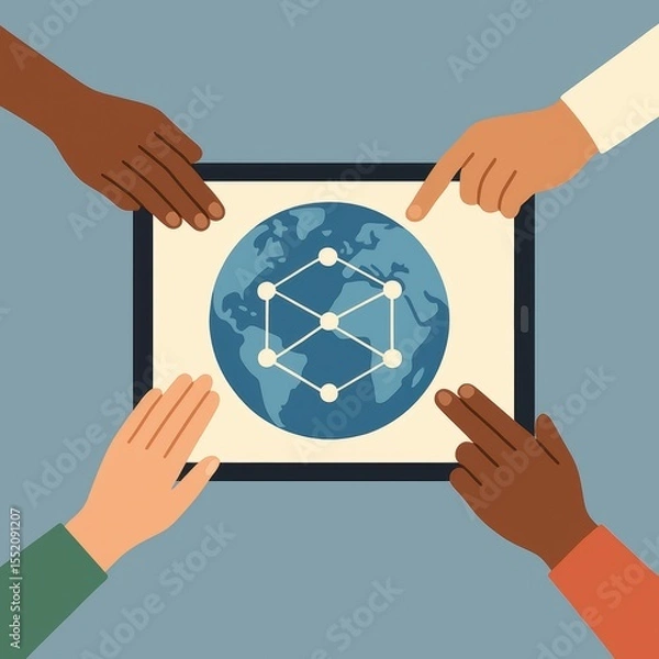 Obraz Hands Using Tablet to Access Global Network Concept with World Map and Connection Nodes