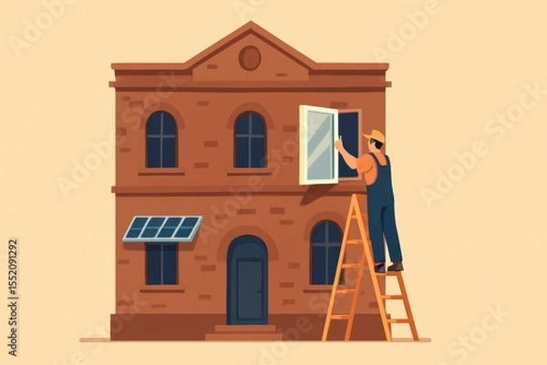 Fototapeta Worker Installing Window on Brown Brick House with Solar Panels and Ladder in Minimalist Style