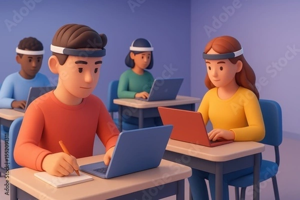 Obraz Students Engaged in Learning with Laptops and Headbands in a Classroom Setting