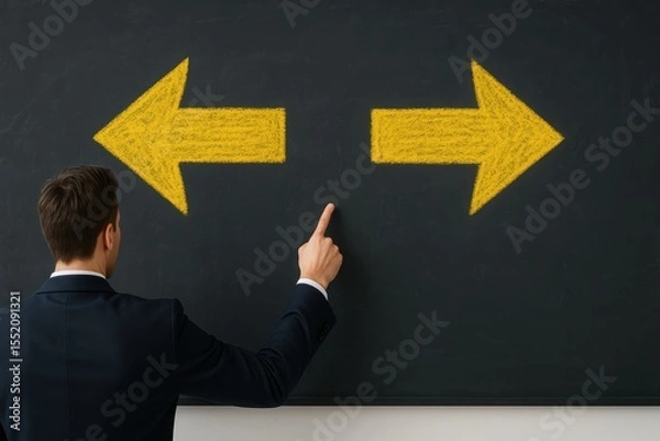 Obraz Businessman Making Decision Between Two Directions Pointing at Yellow Arrows on Black Chalkboard
