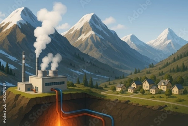Obraz Energy Production Facility in Scenic Mountain Valley with Steam and Housing Development