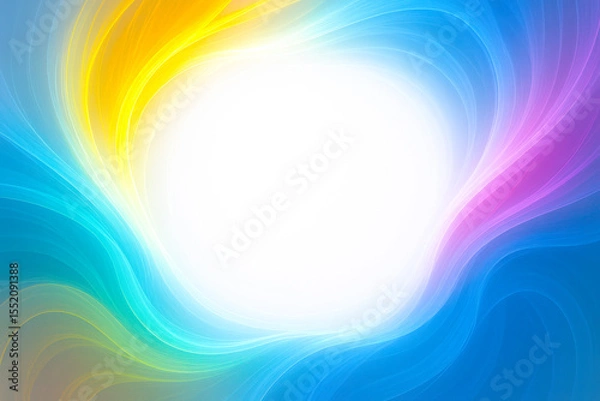 Fototapeta Vibrant swirling abstract design with blue, yellow, and pink hues framing a large central white area ideal for text or branding.