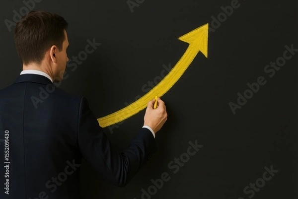 Obraz Businessman Drawing Yellow Arrow on Black Wall to Illustrate Growth and Success in Marketing Strategy