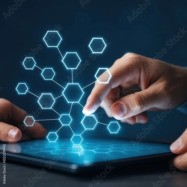 Fototapeta Futuristic Technology Concept with Hands Interacting with Digital Interface and Abstract Data Patterns