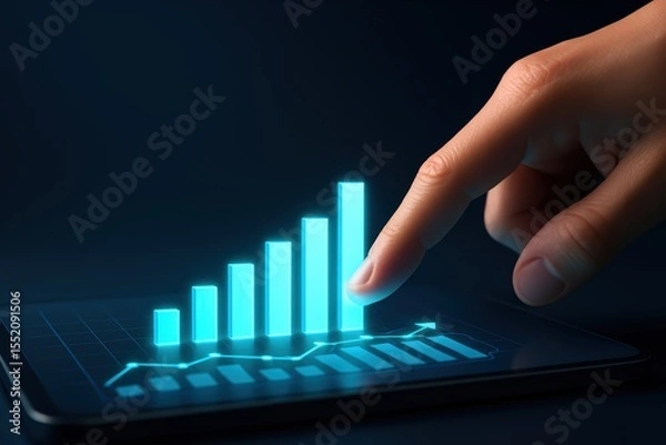 Fototapeta Hand touching digital tablet with growth chart and glowing data visualization on dark background