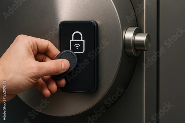 Obraz Hand Unlocking Modern Security Safe with Wireless Key Fob Technology in Contemporary Setting