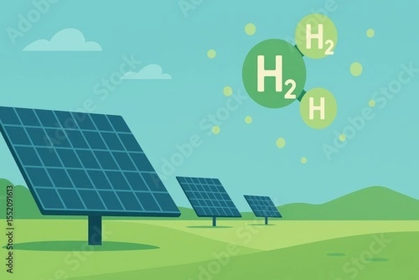 Obraz Solar Panels with Hydrogen Molecules Illustrating Renewable Energy and Green Technology Concepts