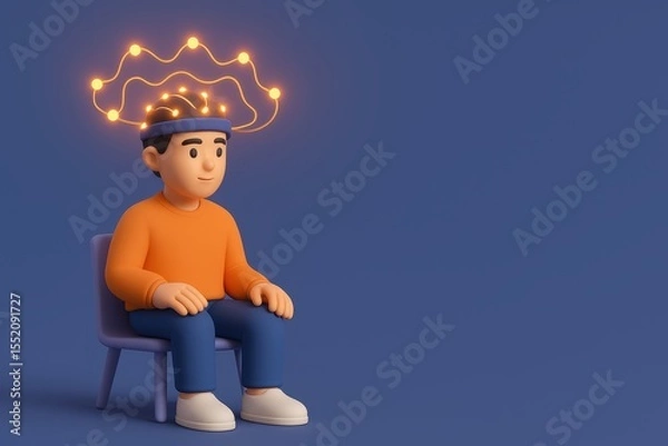 Fototapeta Creative cartoon character with glowing brainstorm concept sitting on chair against solid background