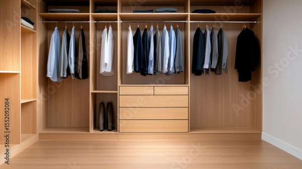 Fototapeta Spacious and organized closet featuring neatly hung shirts, blouses, and suits, complemented by wooden dresser and clean floor