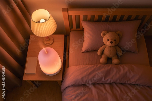 Fototapeta Warmly lit child’s bedroom at night with a teddy bear on the bed, aromatherapy diffuser, and bedside lamp creating a soothing atmosphere.