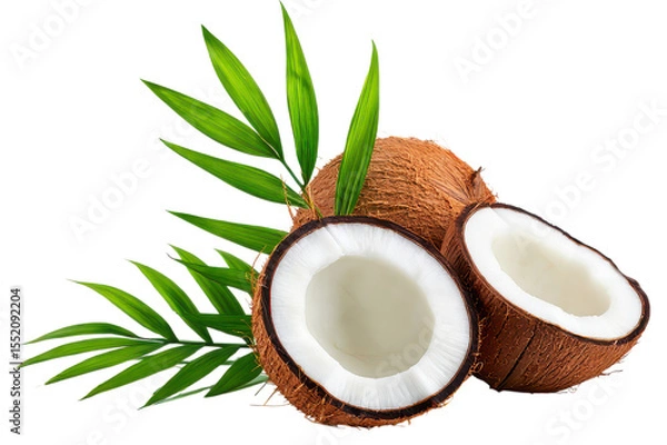 Obraz Whole and halved coconuts with green palm leaves tropical fruit