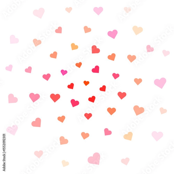 Fototapeta A swirl of small hearts in various shades of pink and red set against a white background, creating a cheerful and romantic vibe.
