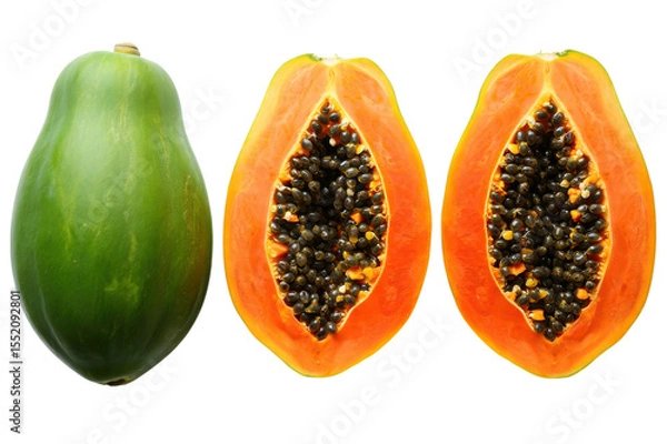 Obraz Whole green papaya and two halves of ripe orange papaya with seeds ripe papaya halves