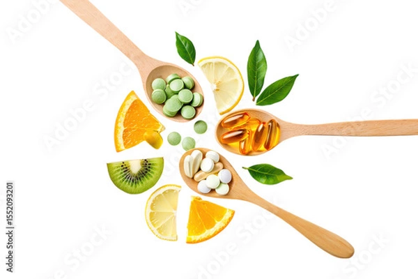 Obraz Wooden spoons filled with colorful pills and fresh fruit slices vitamins supplements