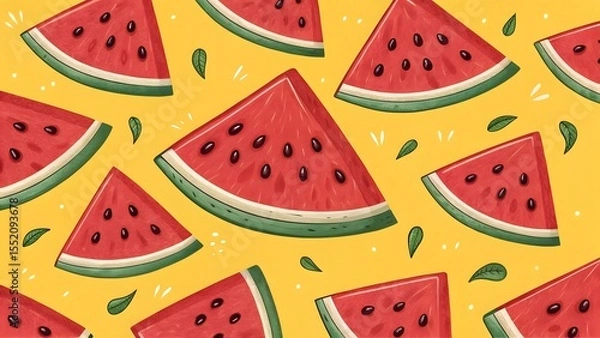Fototapeta Vibrant Slices of Fresh Juicy Watermelon Pattern on a Sunny Yellow Background
