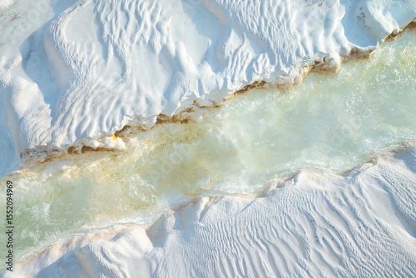 Obraz Hot mineral water stream running over textured white travertine surface in Pamukkale, Turkey. Close-up view showing natural erosion patterns and subtle color variations under soft daylight.
