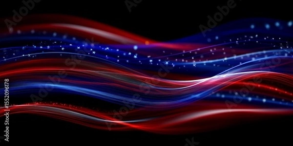 Obraz Dynamic abstract illustration of the American flag in motion, featuring flowing red, white, and blue waves on a dark background