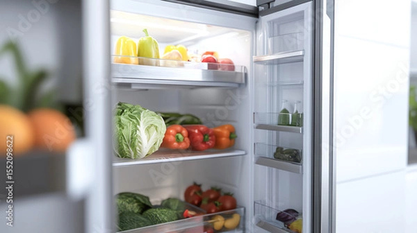 Fototapeta Multidoor fridge with adjustable shelves and LED lighting, white background