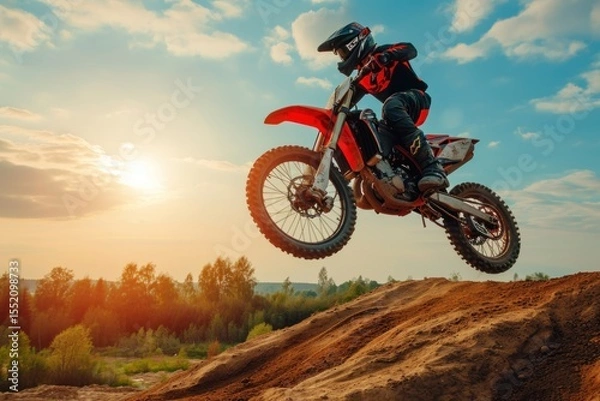 Fototapeta Rider on a Cross-Country Enduro Motorcycle Going Fast, Thrilling Enduro Racing with Drift Action, Motocross Moto Sport Adventure Isolated on Background with Copy Space. Motorsport Concept.	