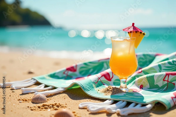 Fototapeta A bright beach towel with a vibrant tropical print is partially laid out on the sand with a glass of cocktail