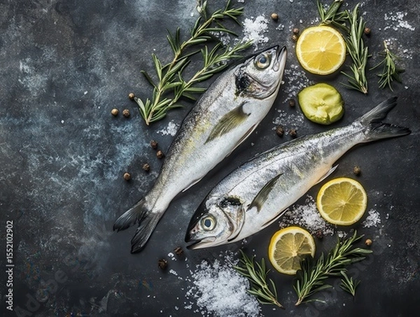 Fototapeta Fresh fish platter with zesty lemon and aromatic herbs.