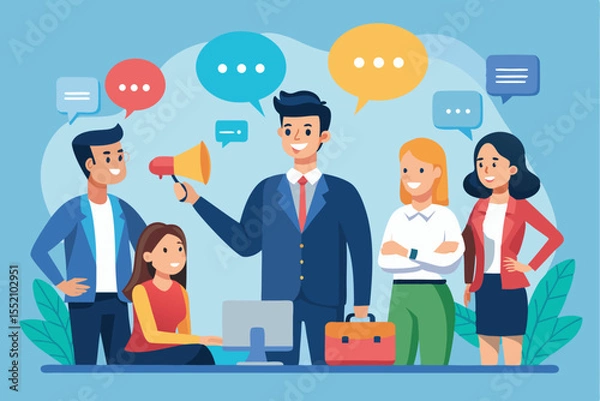 Fototapeta Illustration of team members discussing ideas with speech bubbles and digital devices in a modern workspace during a collaborative session
