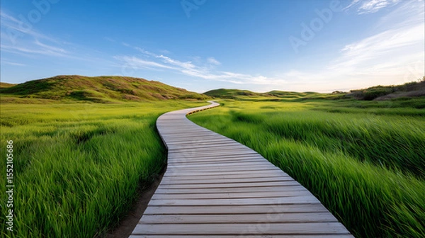 Obraz Winding wooden path through green hills under clear blue sky. wooden path in the field. Peaceful nature trail with wooden walkway in lush green field