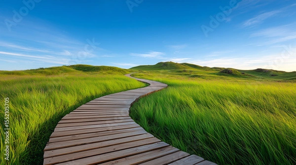 Obraz Winding wooden path through green hills under clear blue sky. wooden path in the field. Peaceful nature trail with wooden walkway in lush green field