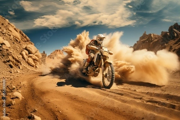 Fototapeta Rider on a Cross-Country Enduro Motorcycle Going Fast in Desert, Thrilling Enduro Racing with Drift Action, Adventure Isolated on Background with Copy Space. Motorsport Concept.