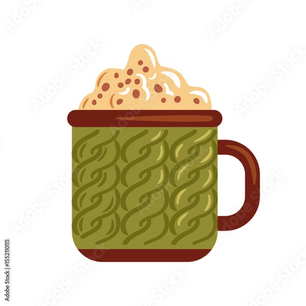 Obraz This vector illustration showcases a cozy mug with a textured green knitted design filled with frothy cream. It s perfect for conveying warmth and comfort, ideal for seasonal beverage themes.