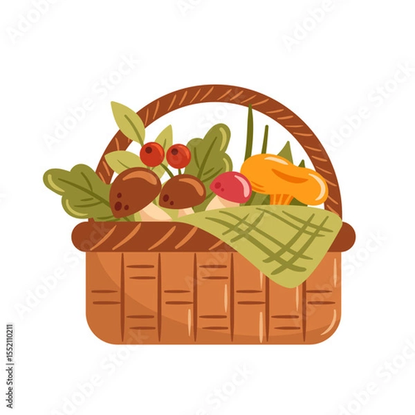Obraz This vector illustration features a charming basket filled with a variety of mushrooms and berries. The vibrant colors and detailed textures create a delightful representation of natures bounty