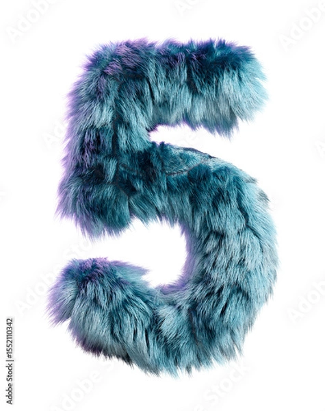 Fototapeta Blue Fur Styled Into Bold Letter 5 Isolated on White Background
