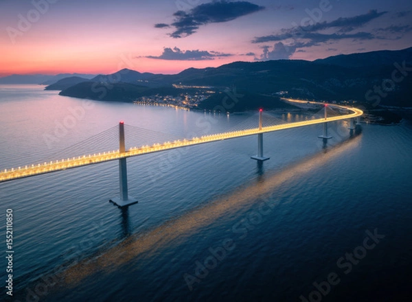 Obraz Aerial view of modern Peljesac bridge and blue sea at night. Croatia. Bridge with illumination, mountains, town, reflection and purple sky at sunset. Top drone view of road, street lights at twilight