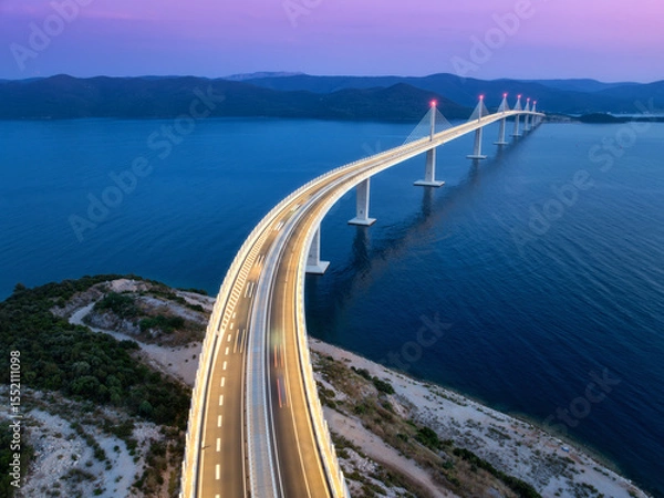Obraz Aerial view of modern Peljesac bridge and blue sea at night. Croatia. Bridge with illumination, mountains, reflection and purple sky at sunset. Top drone panoramic view of road, street lights at dusk
