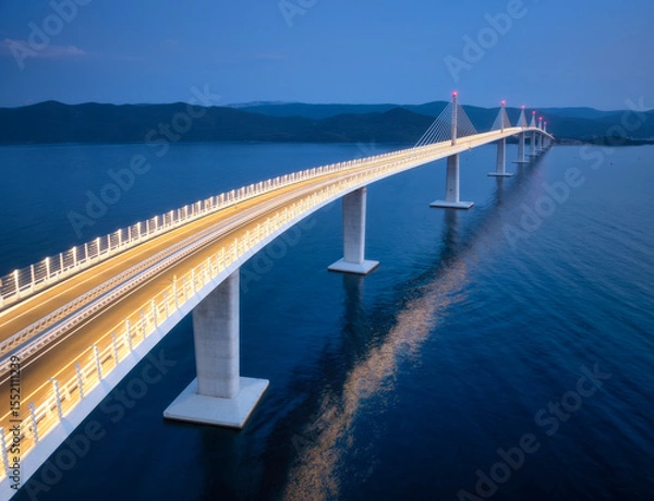 Obraz Aerial view of modern Peljesac bridge and blue sea at night. Croatia. Bridge with illumination, mountains, reflection and purple sky at sunset. Top drone panoramic view of road, street lights at dusk
