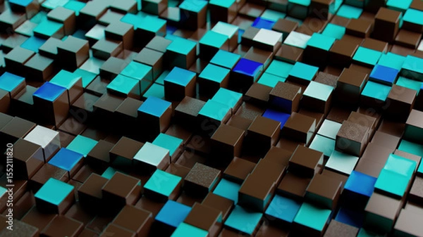 Fototapeta "Dynamic Cubic Mosaic: Teal, Turquoise, and Brown Textured Surface"