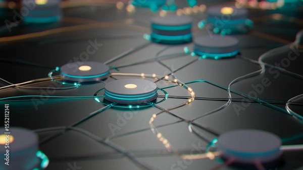 Fototapeta Luminous Network: A 3D Visualization of Interconnected Data Nodes