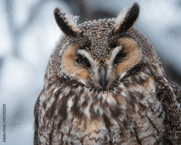 Obraz A long-eared owl rests calmly as snowflakes gather on its head during a quiet snowstorm on a wintry day.